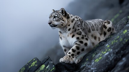 Obraz premium Snow leopard perched on rocky mountain with misty background.