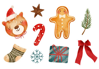 Cute watercolor Christmas clipart with bear in Santa hat, gingerbread man, candy cane, bow, gift and snowflake on white background. Perfect for stickers, cards, wrapping and festive decor.