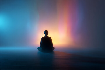 A blurred human figure sitting in a meditative pose before a softly glowing, abstract light source, evoking inner peace.