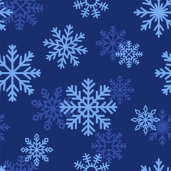 Snow flakes, seamless pattern. Snowflakes falling, endless background design. Repeating winter holiday print. Festive ice crystal, seasonal snowy weather texture for wrapping. Flat vector illustration