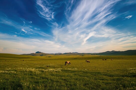 Fototapeta Vibrant grasslands stretching beneath a bright, partly cloudy sky