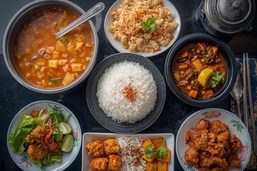 Traditional Thai cuisine meal featuring soup, rice, salad, and crispy sides
