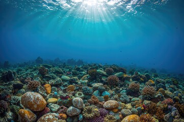 Naklejka premium Vibrant pebbles resting beneath the sea against a natural background