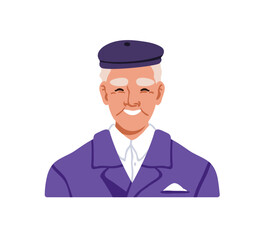 Elderly senior old man portrait. Happy mature aged older gentleman with beret hat, suit, gray hair. Elegant classy chic elder male character. Flat vector illustration isolated on white background