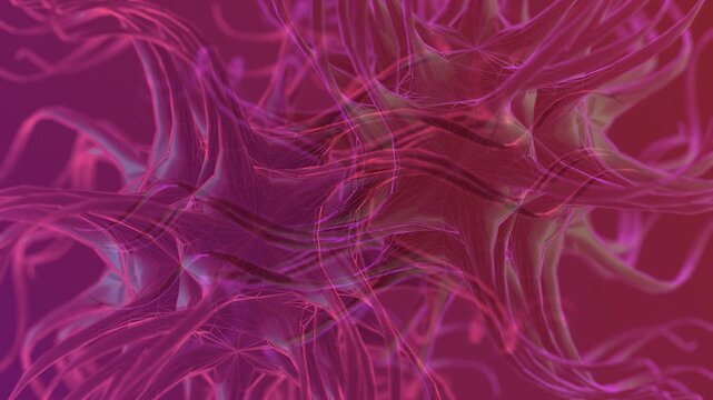  A close-up abstract 3D rendering of tangled neuron-like structures in vibrant pink, red, and purple tones.