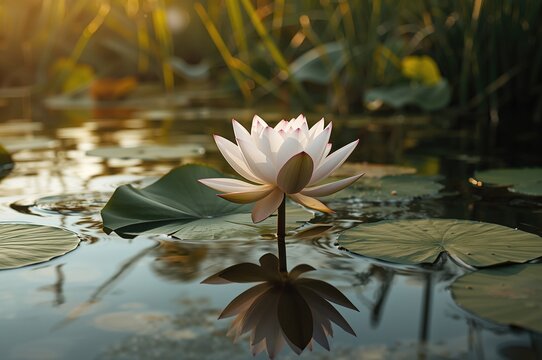 White lotus plant flourishing in freshwater lake with green leaves