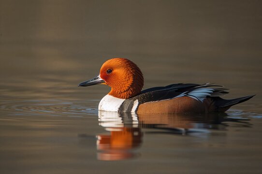 Common merganser drake swimming on a lake surface