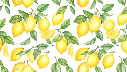 Watercolor lemons with green leaves pattern