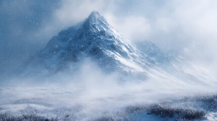 A dramatic winter storm rages around a majestic snow covered mountain peak under a cloudy sky