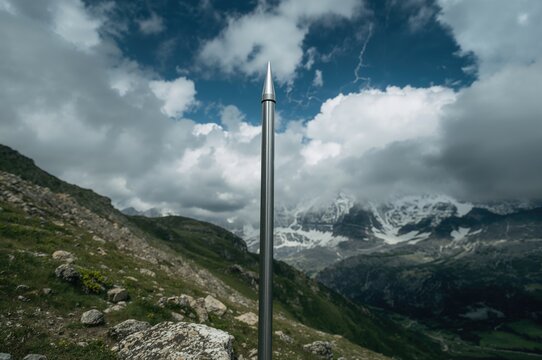 Photo of a lightning conductor in a mountainous area