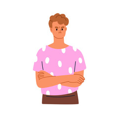 Annoyed man frowning, arms crossed. Angry irritated dissatisfied male, displeased resentful emotion, face expression. Frustration and tension. Flat vector illustration isolated on white background