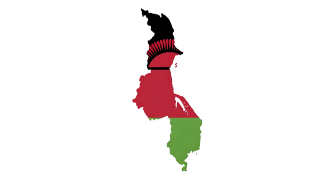 Map of malawi isolated on transparent background showcasing the national flag, a symbol of the countrys independence, unity, and natural beauty, representing its geographical boundaries