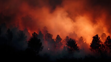 A dense forest is engulfed in intense flames and thick orange smoke under a dark sky