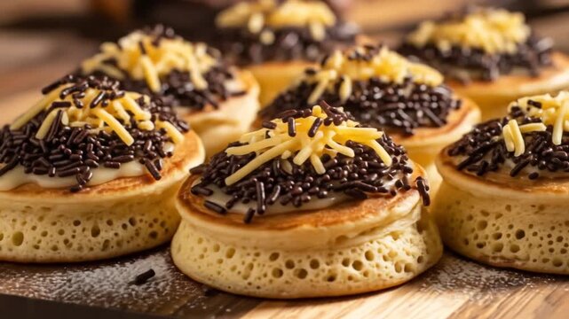 Delicious mini pancakes with chocolate sprinkles and cheese, perfect for breakfast or brunch, enjoy these sweet and savory stacks together