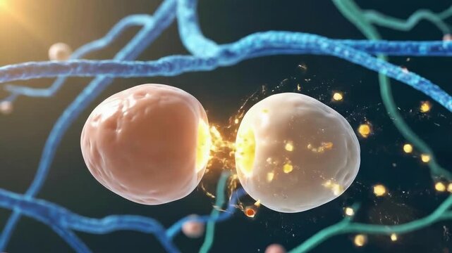 Dynamic close up of cells communicating, a breakthrough in cellular research and development