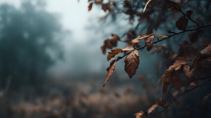 Close up view of dry withered autumn leaves clinging to a branch set against a blurred background of a misty atmospheric forest