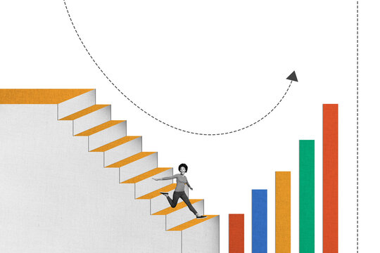 Composite photo collage of happy american girl run career ladder chart arrow development growth success aim isolated on painted background - Powered by Adobe