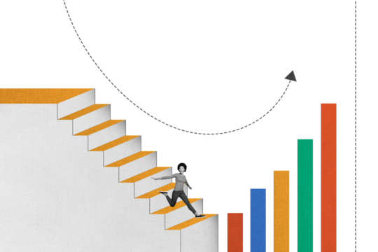 Composite photo collage of happy american girl run career ladder chart arrow development growth success aim isolated on painted background