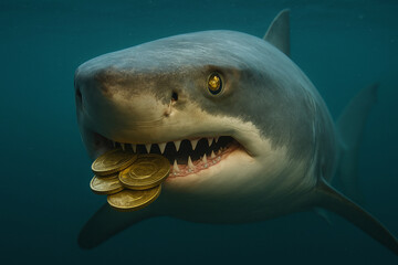 Naklejka premium A shark biting gold coins symbolizes ruthless ambition, power, and the fierce nature of financial survival.