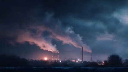 Obraz premium Industrial smokestacks at night emit thick plumes of smoke and steam against a dark cloudy sky casting an orange glow on the scene