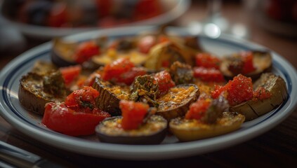Classic vegetarian starters featuring tomato, eggplant, and red pepper spread in a dining setting. Authentic local flavors - lyutenitsa. Soft focus.