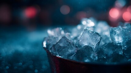 Obraz premium Close up of clear ice cubes in a dark atmospheric setting with blue and red highlights suggesting a refreshing beverage