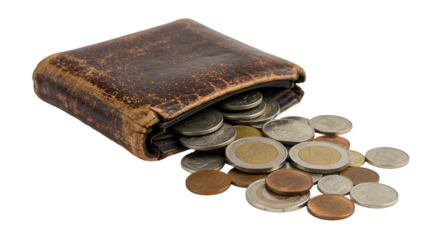 Old worn leather wallet overflowing with an assortment of coins, a symbol of finance, savings, or unexpected wealth, evoking themes of money management and fortune