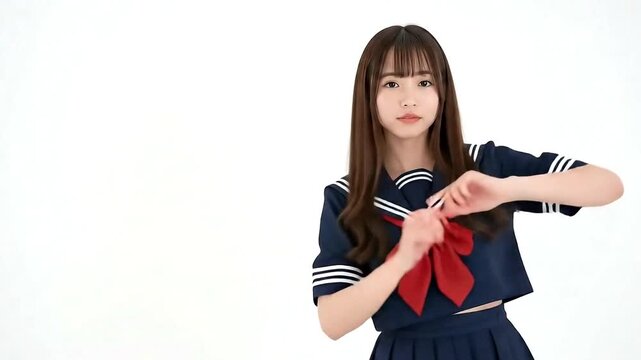 Cute Japanese girl in school uniform dancing. Isolated on white background.
