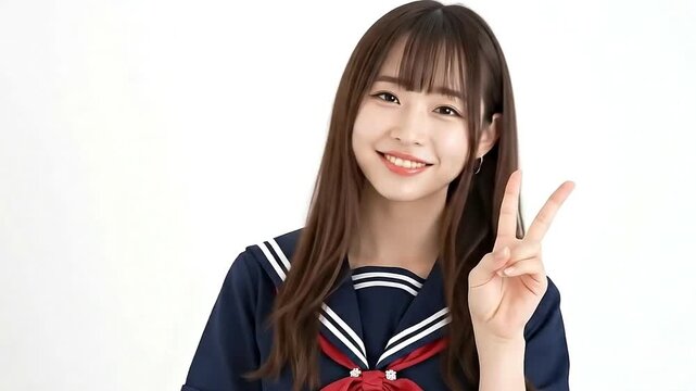 Cute Japanese girl in school uniform giving a peace sign. Isolated on white background.