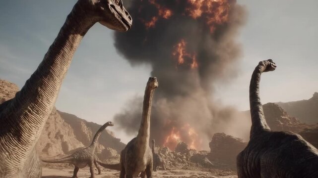 Long-necked dinosaurs roam a rocky desert as a volcanic eruption erupts behind them, blasting smoke and lava into the sky.