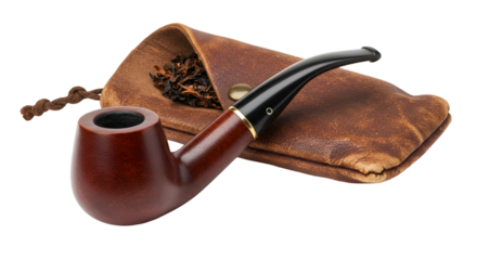 Classic wooden smoking pipe and tobacco pouch evoke a sense of relaxation, nostalgia, and timeless style for lifestyle and heritage brands seeking authentic imagery