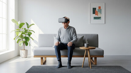 Senior man experiencing virtual reality in a modern living room