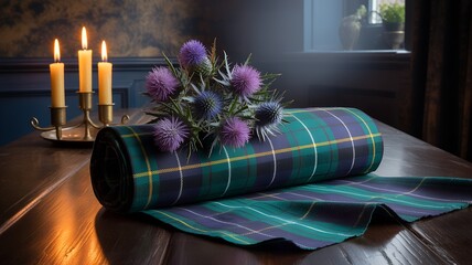 Scottish tartan fabric with thistles and candles on a table.
