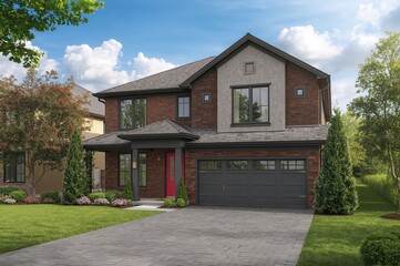 Contemporary double-level home facade under bright daylight, showcasing a garage driveway and a welcoming front door set in a charming residential area.