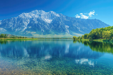 Fototapeta premium Crystal Clear Waters Capturing a Harmonious Mountain View