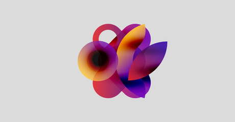 Abstract colorful shapes overlap, creating dynamic floral impression. Soft gradients blend purple, pink, yellow hues. Minimalist design.