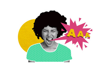 Composite trend artwork 3D sketch image photo collage of young woman comics speech cloud scream shout stress bad moon loud voice student