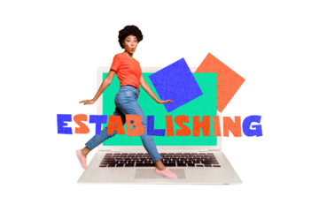 Composite photo collage of astonished american girl walk keypad laptop establishing new business startup isolated on painted background