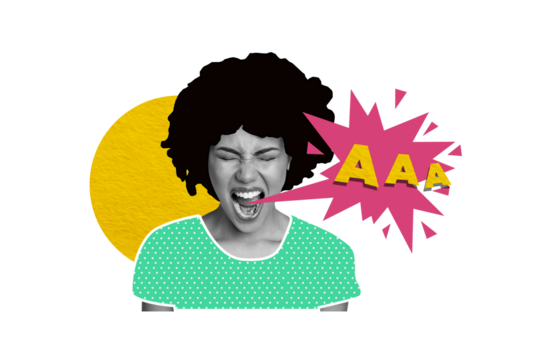 Composite trend artwork 3D sketch image photo collage of young woman comics speech cloud scream shout stress bad moon loud voice student