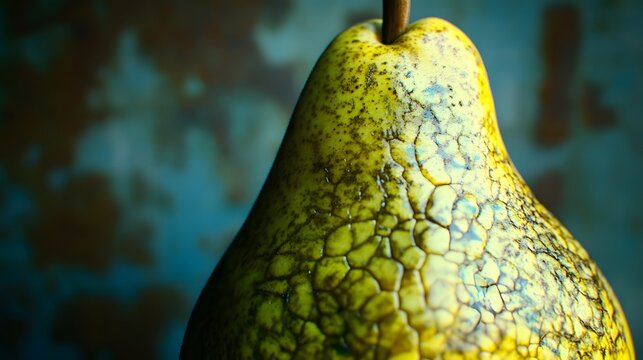 Close-up shot of a textured yellow pear with stem against a blurred background