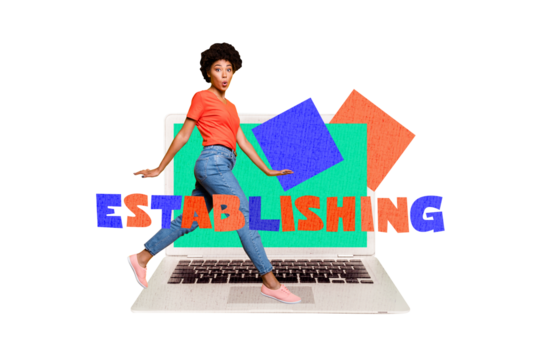 Composite photo collage of astonished american girl walk keypad laptop establishing new business startup isolated on painted background