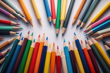 Fototapeta premium Assorted vibrant pencils arranged against a plain white backdrop