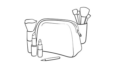 Сosmetic bag with tube of face and body cream in line art style on white background. Body and face care outline. Vector illustration	