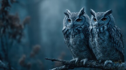 Majestic Owls Perched on Branch in Misty Forest Atmosphere