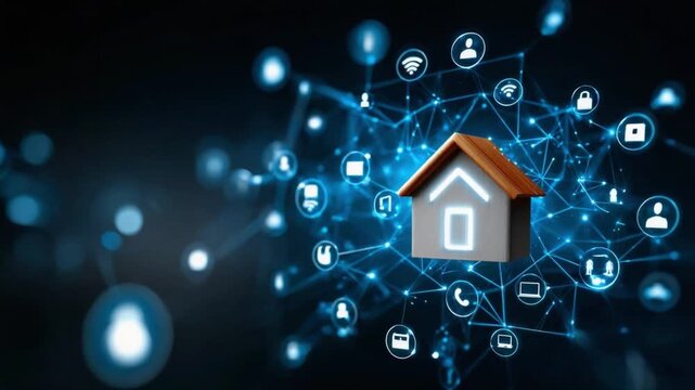 Smart Home Network: A digital depiction of a smart home, connected to the internet of things (IoT) and symbolising the seamless integration of technology and home automation.