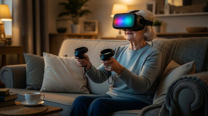 Senior woman enjoys virtual reality gaming experience at home on sofa
