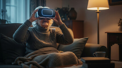 Senior Woman Exploring Virtual Reality in Cozy Living Room