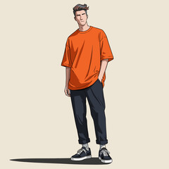 Modern Young Man in Casual Streetwear. Confident Guy Wearing Oversized Orange T-shirt and Rolled Pants. Full Body Illustration.