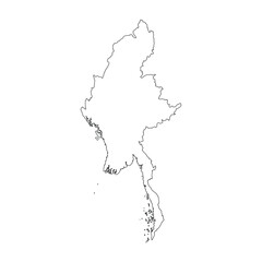 Detailed Black Outline Map of Myanmar Country Vector
