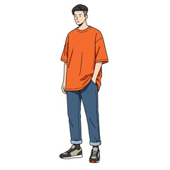 Casual Young Man Illustration in Orange T-Shirt and Rolled Jeans, Modern Street Style Fashion
